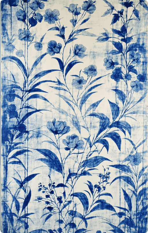 Blue botanical toile muralized pattern