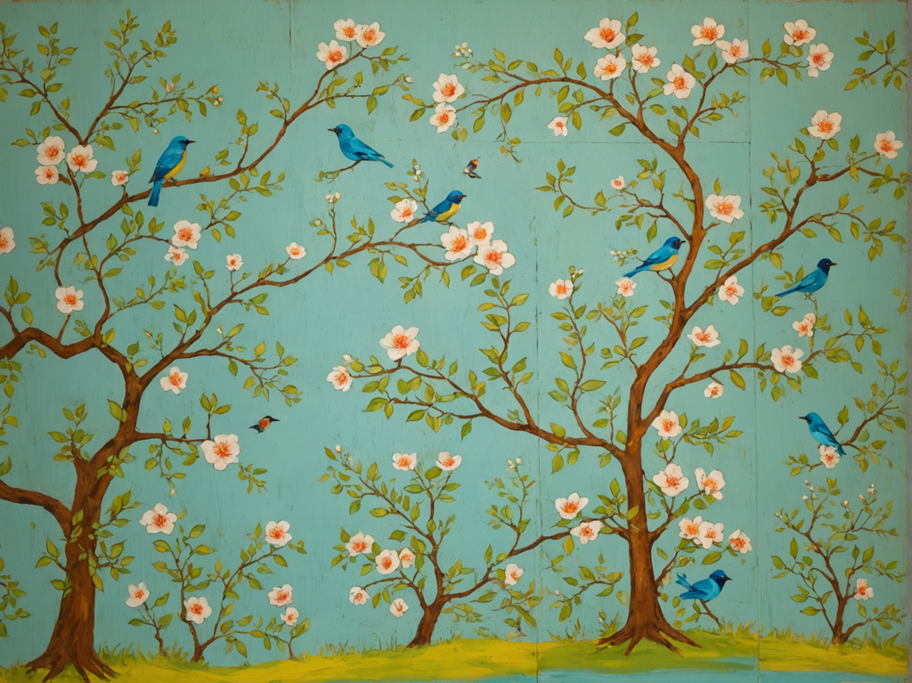 Tree blooming on cyan mural
