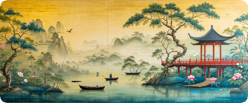 Chinoiserie mural with red pavilion