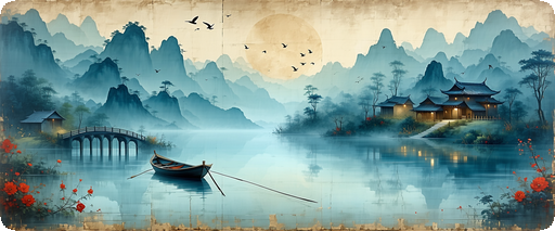 Blue scenic mural with red boat