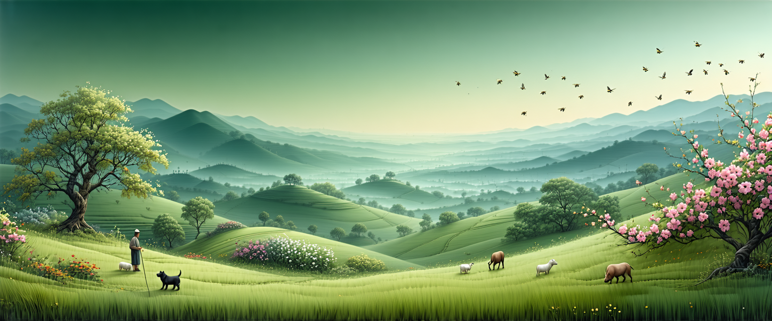 Pastoral mural — rolling green hills