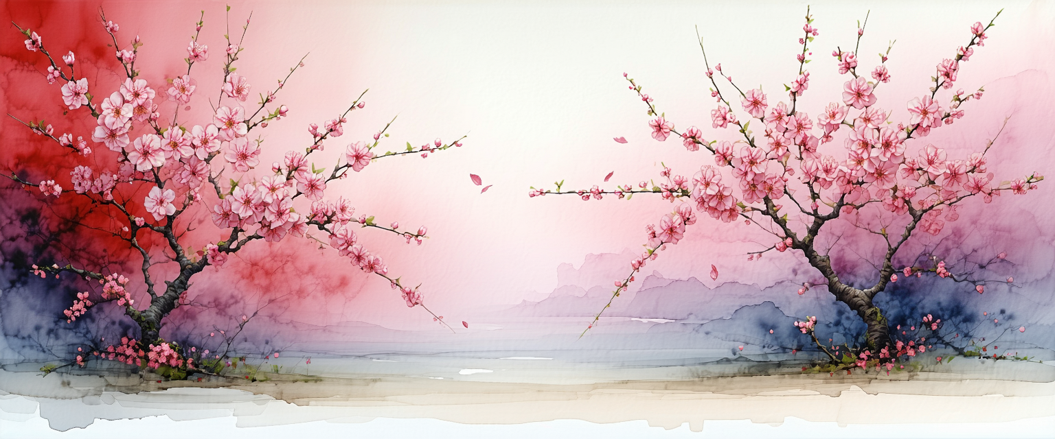 Pink cherry orchard mural — designed and produced on Scénique