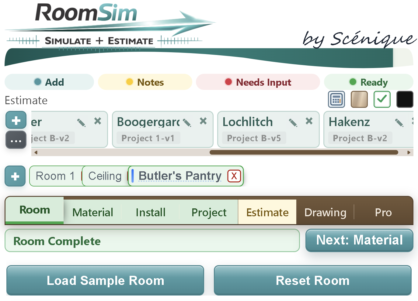 RoomSim — clients, projects, and pinned versions