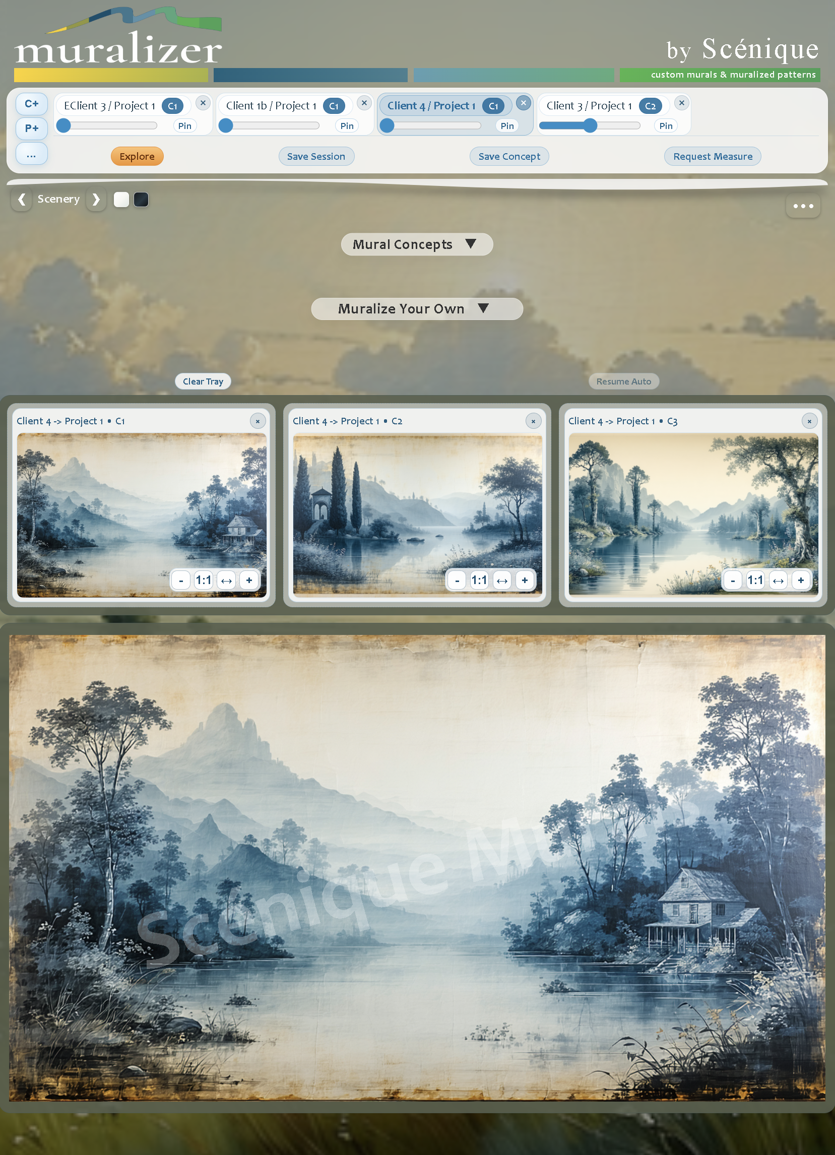 Muralizer desktop session — client and project tabs, concept tray, and a chinoiserie lake concept under review