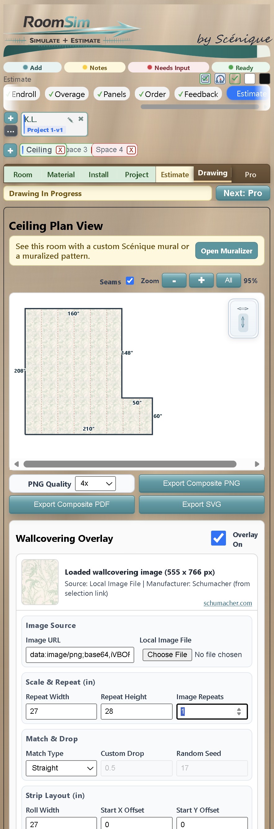 RoomSim ceiling plan with wallcovering overlay