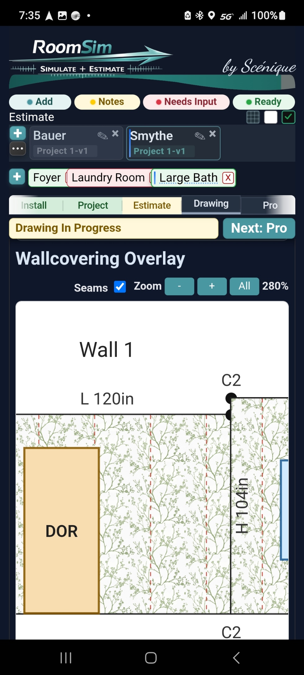 RoomSim wallcovering overlay with panel seams